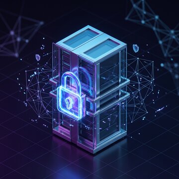 Futuristic Isometric Data Server Rack with Digital Security Lock