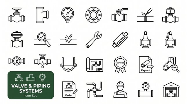 Industrial valve and piping systems icon set with pressure testing, maintenance, and pipeline inspection symbols.