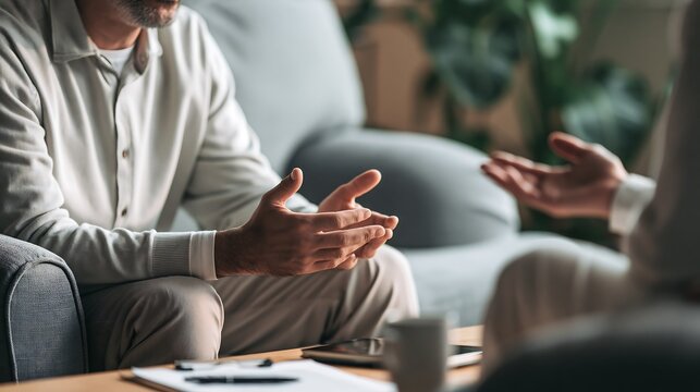 Close-up of mature man gesturing with hands during psychotherapy session with counselor for mental health, guidance, and counseling concepts.