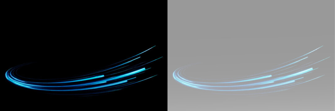 Blue glowing curved light streaks with dynamic motion trails and elegant neon swoosh isolated as a transparent overlay element