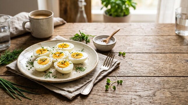 Delicious boiled eggs served on a plate on a wooden table for breakfast or lunch