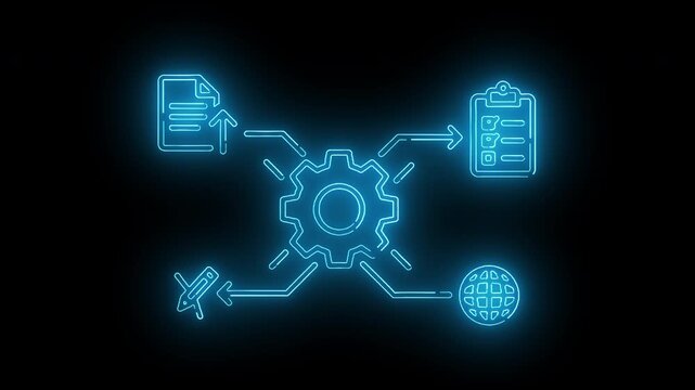 Central processing gear icon routing files tasks and documents to multiple nodes in blue neon glowing style