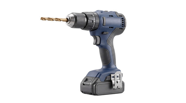 Blue and gray cordless power drill with gold drill bit on white isolated on png transparent background