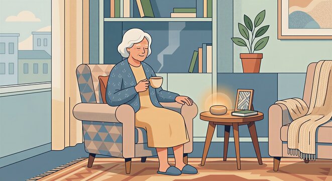 A warm, flat vector illustration of an elderly woman in an armchair with tea, a small smart-home device glowing on a side table. Soft muted blues and creams.
