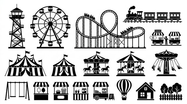 Amusement Park and Carnival Icon Set with Ferris Wheel, Roller Coaster, Carousel, and Circus Tents Silhouettes