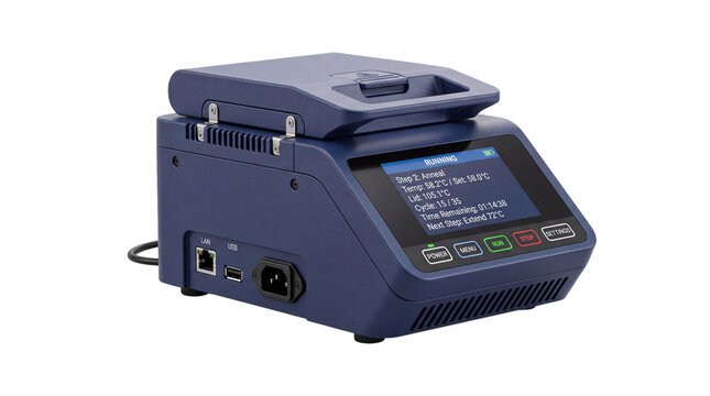 Blue digital thermal cycler machine with lcd screen and ports isolated on png transparent background