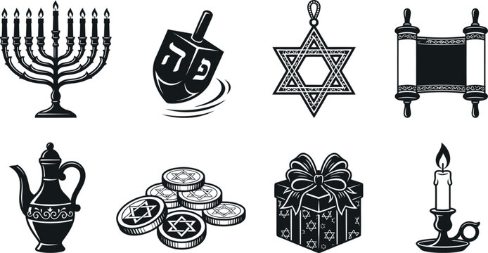 An aged black and white illustration depicts various important jewish religious symbols such as a traditional menorah and a torah scroll on a clear background