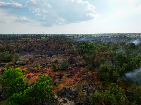 Aerial view of forest and land fires showing charred ground, rising smoke, and patches of green vegetation in the landscape of Banjarbaru, South Kalimantan, Indonesia.