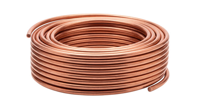 Coil of copper tubing, rolled and circular, showing metallic sheen isolated on png transparent background