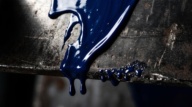 Macro of dripping enamel paint running down bare metal