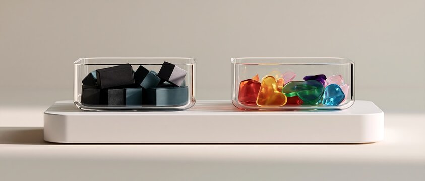 Two glass containers comparing dark matte sharp geometric cubes with bright colorful glowing heart gems on white podium for emotion contrast, psychology, and mindset concepts.