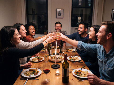 Friends Toasting With Wine During Dinner Party At Home