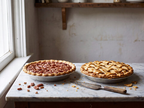 Pecan pie and apple pie on a marble countertop