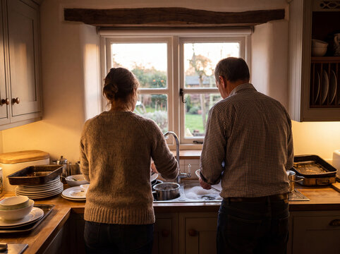 Couple washing dishes together in a home kitchen by window