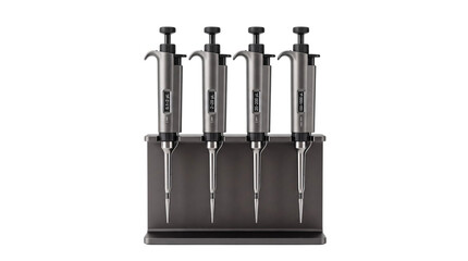 Four silver laboratory pipettes on a dark gray stand isolated on png transparent background
