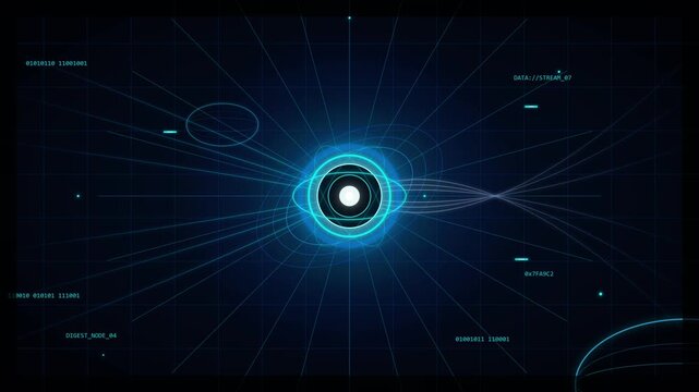Pulsing digital atomic core structure emitting radiant energy waves in this dynamic blue motion video animation