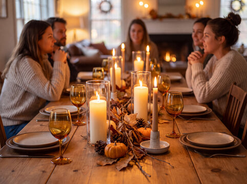 Friends gathered around a candlelit autumn harvest dining table