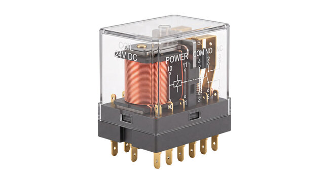 Electrical relay with transparent cover, copper coil, and pins isolated on png transparent background