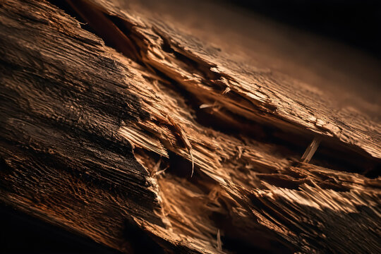 Raw timber plank splitting lengthwise with jagged wood grain and splintered edges under dramatic high contrast studio lighting macro