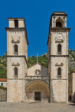 Saint Tryphon Cathedral in Kotor, a historic Romanesque stone church facade.