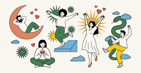 Obraz premium Minimalist Flat Vector Illustration of Happy People Representing Mental Health, Self Care, Mindfulness, and Positive Emotion Concepts on a Light Background
