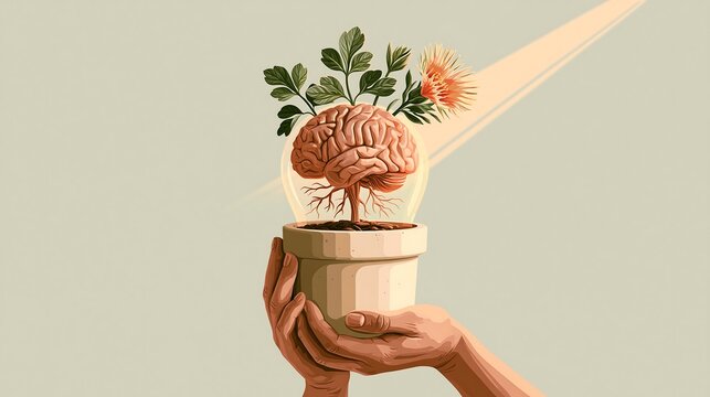 Hands holding potted human brain tree with growing botanical leaves and blooming flower under light beam for mental health, self care, and knowledge growth concepts.