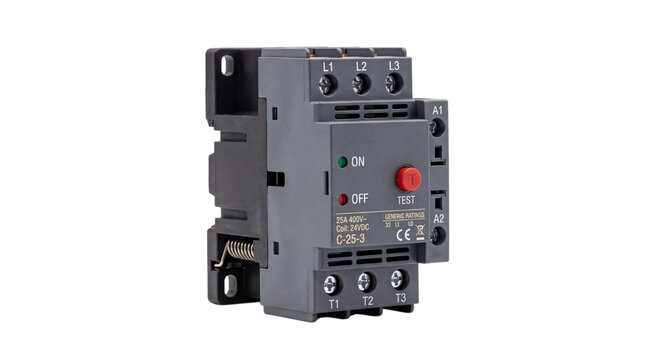 Gray electrical motor starter overload relay with red test button isolated on png transparent background