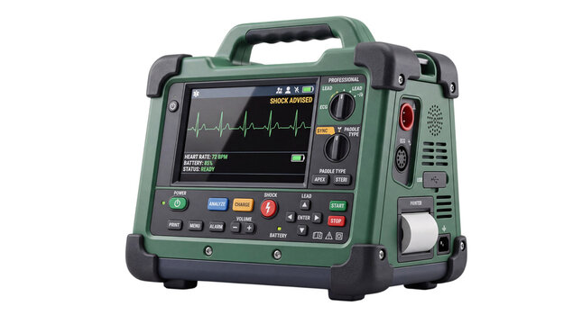 Green defibrillator machine with ecg display and printer isolated on png transparent background