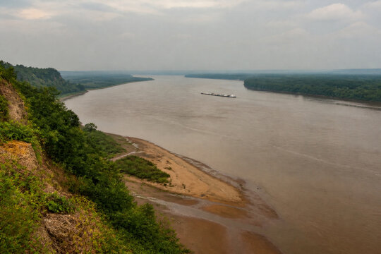 View from high bluff of wide brown river bending through low green forest, sandbar, tugboat and barge downstream, Mississippi River landscape
