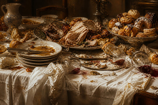 Wide still-life of overloaded banquet table after long meal, torn roast, stacked plates, scattered bread, tipped wine glasses and pastries, gluttony mood