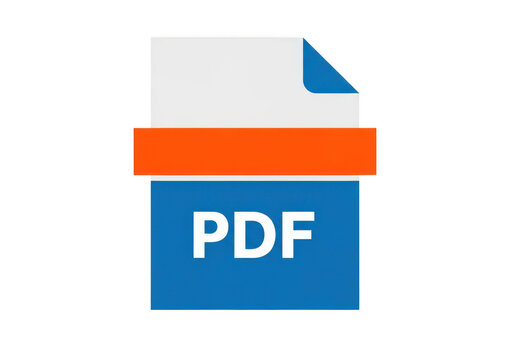 PDF file format icon, digital document symbol in blue and orange, portable document format graphic for web and office software