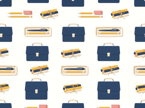 School supplies seamless pattern, blue briefcase and stationery background