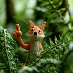 Naklejka premium A charming clay fox stands among lush green leaves in a forest, waving its paw with visible thumb marks, displaying its handmade details.