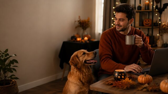 Person petting golden dog on couch at sunset