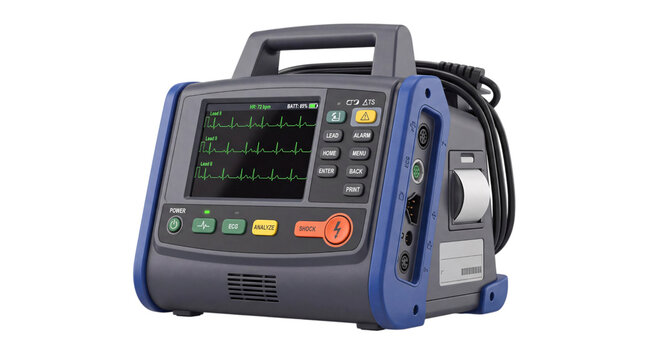 Portable medical defibrillator monitor with ecg display and isolated on png transparent background