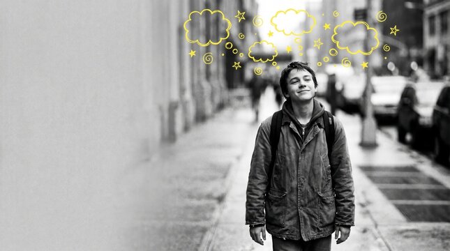 Content man strolls the sidewalk beneath illustrated thought clouds and stars