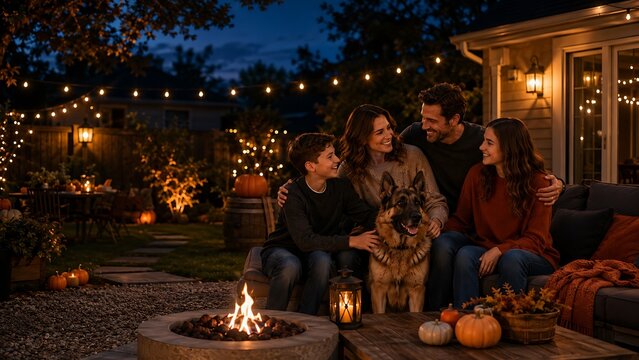 Cozy outdoor gathering with fire pit and string lights