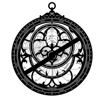 Astrolabe Black & White Illustration - Ancient Navigational & Astronomical Instrument