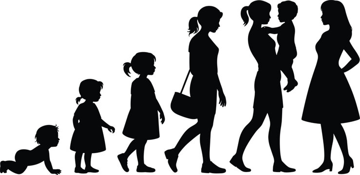 A series of black silhouettes showing the human life cycle from a crawling baby to a toddler, a young girl, a teenager, a mother holding a child, and an woman