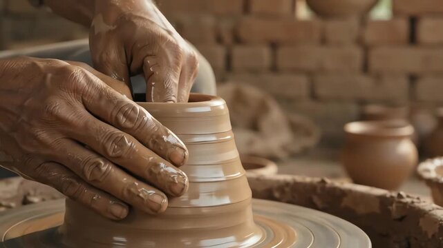 Artisan hands shaping raw clay on a spinning potter wheel movement