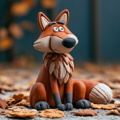 Naklejka premium A clay fox sits on a surface surrounded by colorful autumn leaves. The scene shows the detailed craftsmanship of the fox.
