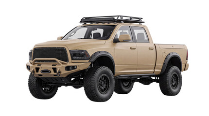 Tan off-road pickup truck with roof rack and modified bumper isolated on png transparent background © Sumon