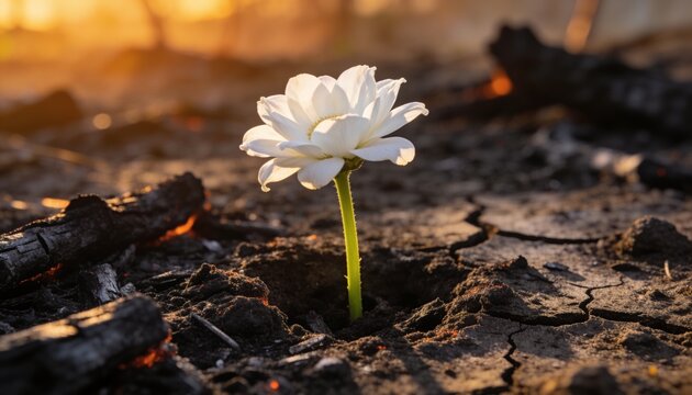 Conceptual Resilience Single White Flower Emerging from Charred Earth Beneath Sunrise