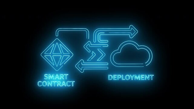 Glowing blue neon smart contract diagram connecting blockchain cryptography to cloud server deployment infrastructure