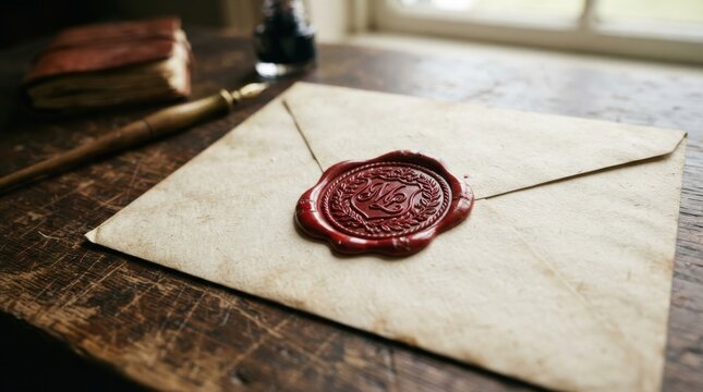 Vintage envelope with red wax seal on wooden desk