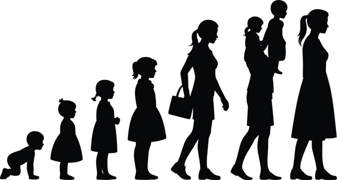Black silhouettes of a family showing the growth stages from a crawling baby to a young woman, isolated on a white background, representing human development and parenting