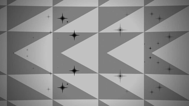 Abstract geometric grid with intersecting diagonal light rays and floating particles in monochrome