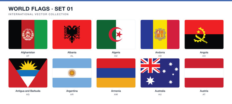 World flags vector set featuring Afghanistan, Albania, Algeria, Andorra, Angola, Antigua and Barbuda, Argentina, Australia, and Austria in a clean labeled layout for international designs.
