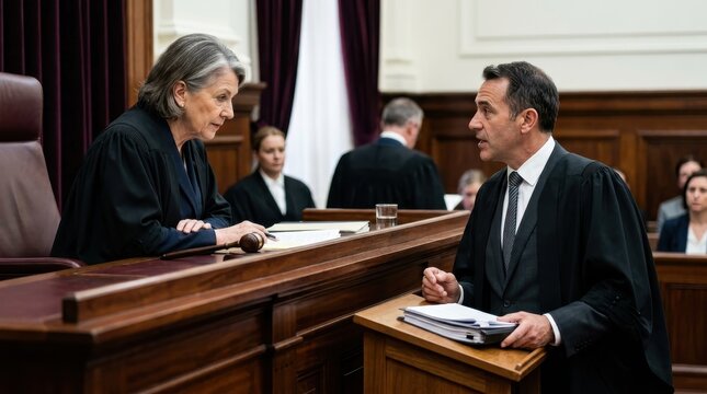 Judge and lawyer talking in a courtroom