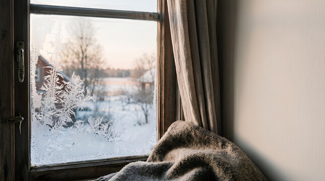 Delicate frost patterns spreading across a window pane at dawn